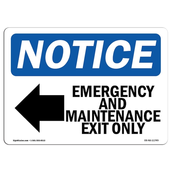 Sign, 18" H, Rigid Plastic, Emergency And Maintenance Exit Sign, Landscape, 1824-L-11749